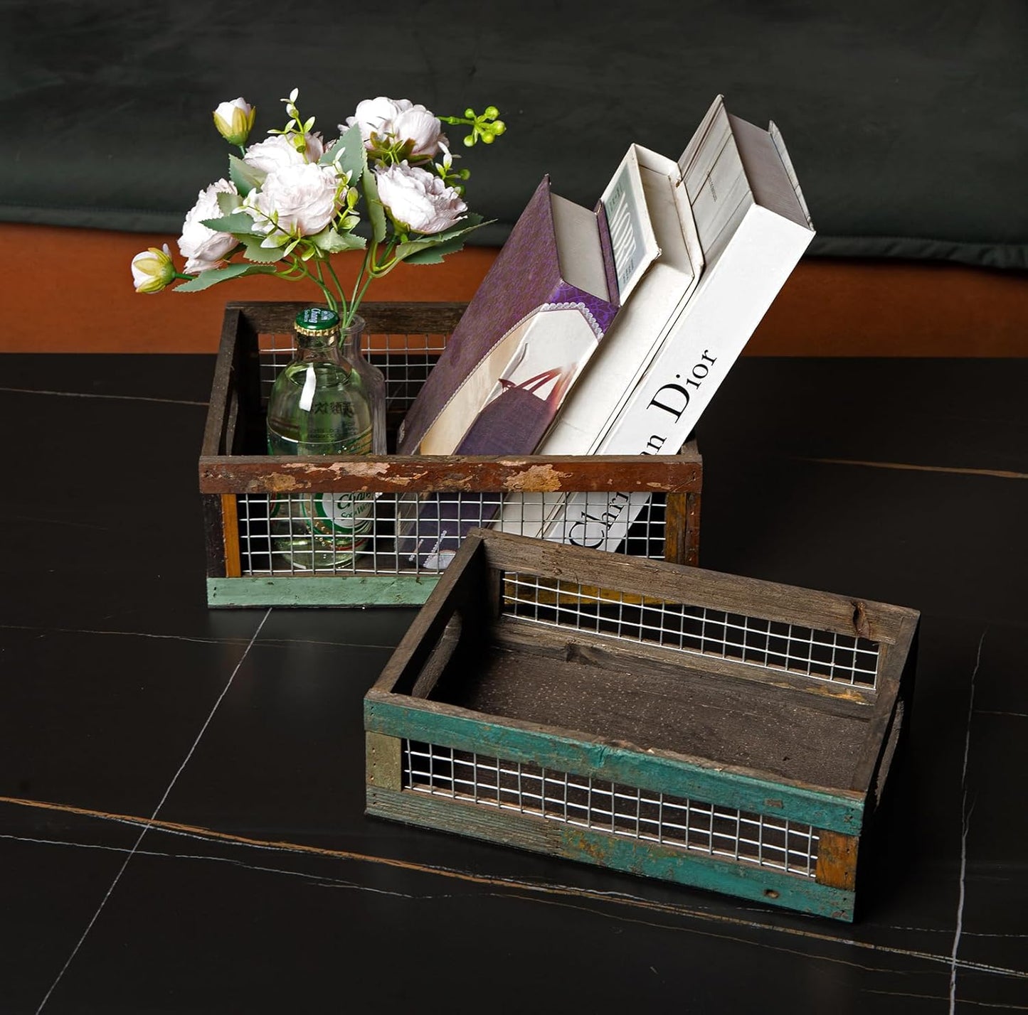 TIMRIS Set of 2 Rustic Wooden Countertop Baskets, Farmhouse Distressed Nesting Boxes, Small Decorative Wooden Storage Crates, Reclaimed Wood Organizer Baskets with Wire Mesh (Random)-VerdiqueGarden