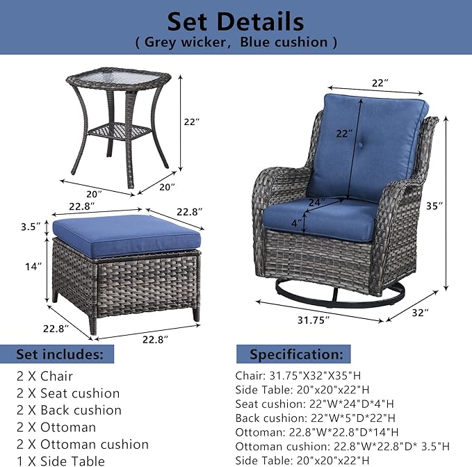 5 Pieces Patio Furniture Sets Wicker Outdoor Furniture, Rattan Patio Swivel Glider Chairs with 2 Ottoman and Glass Side Table-VerdiqueGarden
