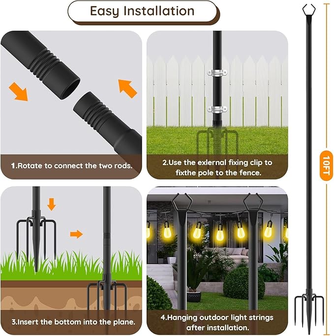 10Ft String Light Poles 2 Pack,Light Poles for Outside Lights,Outdoor with Fence Brackets Hanging Lights,Metal Stand Deck Patio Backyard-VerdiqueGarden