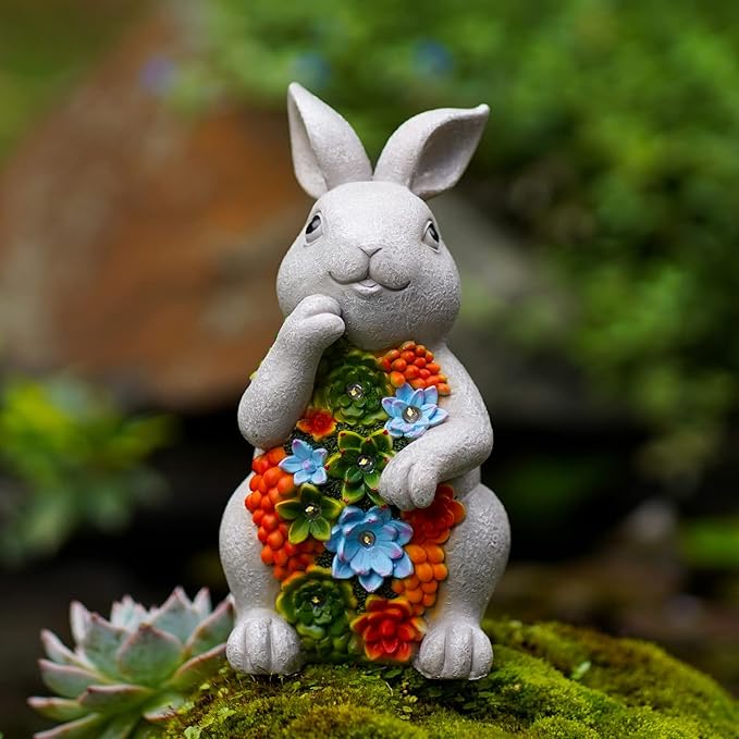 Nacome Solar Garden Outdoor Statues Bunny with Succulent and 7 LED Lights – Lawn Decor for Patio, Balcony, Yard Ornament - Unique Housewarming Gifts-VerdiqueGarden