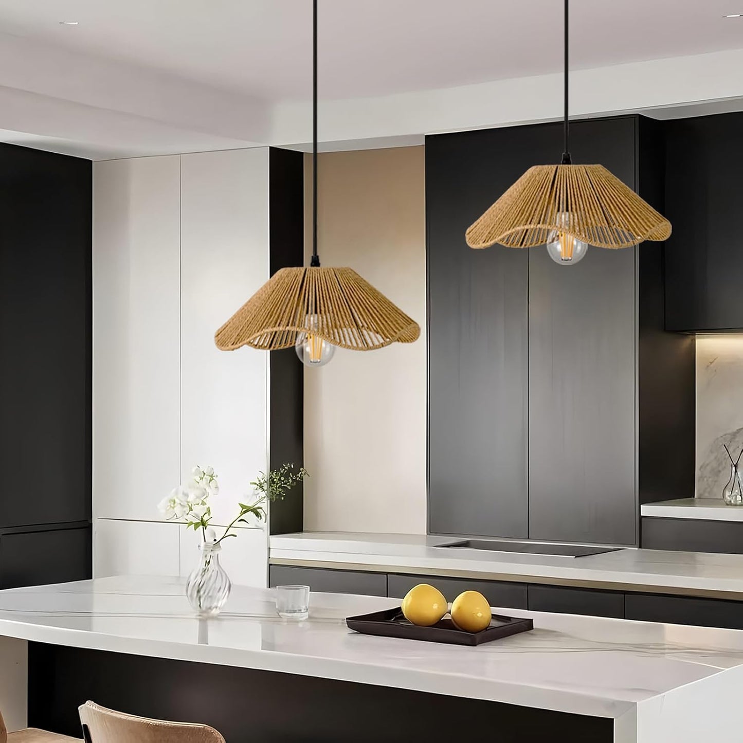 TERLEENART Hard Wired Rattan Pendant Lights Set of 2,Kitchen Island Pendant Lights with 12” Flower Shade,Boho Handwoven Paper Rope Rattan Ceiling Light for Living Room Dining Room Restaurant Foryer-VerdiqueGarden