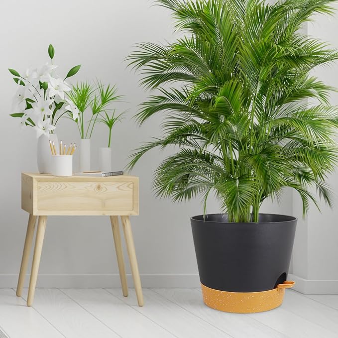 12 inch Large Self Watering Pots, Plant Pots with Mesh Drainage Holes for Indoor Outdoor Plants, Plastic Planters with Deep Reservoir for Garden House Flower Plants, Black with Brown-VerdiqueGarden