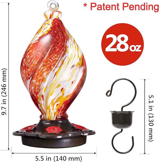 LUJII Ice Cream Shaped Spiral Hummingbird Feeder, Hand Blown Glass, 28 fl.oz, Leak Proof & Rustproof, Includes an Ant Moat for Outdoors Hanging, Unique & Stylish Garden, Outside & Backyard Decor (Red)-VerdiqueGarden