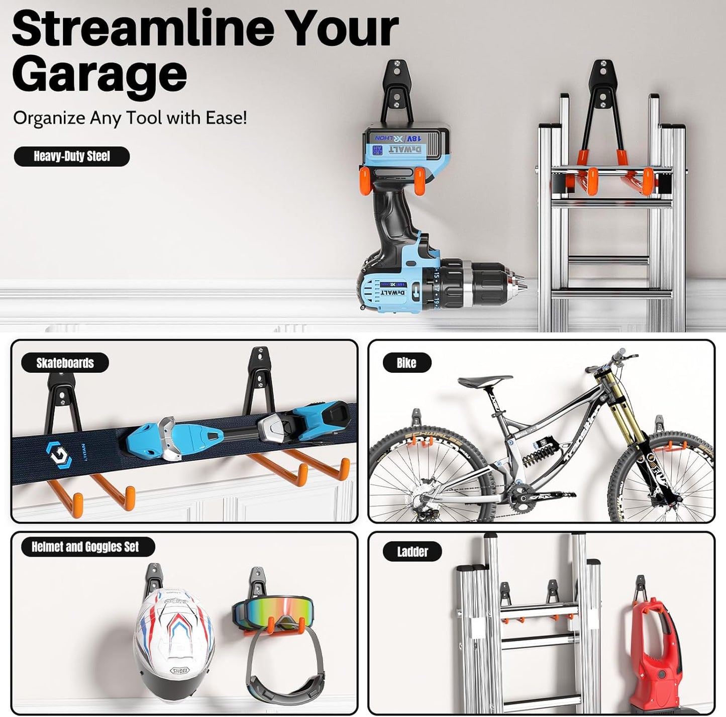 Garage Hooks Heavy Duty, 10 Pack Wall Mount Storage Hangers with Extension Cord Holder Organizer, for Power Tool, Garden Tool, Utility, Ladder, Hose and More-VerdiqueGarden