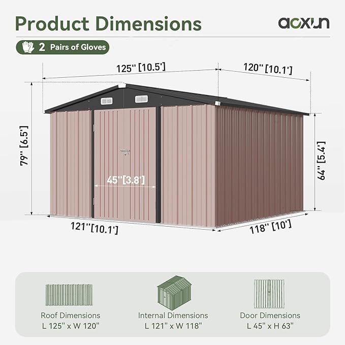 Aoxun 10x10 FT Outdoor Storage Shed Garden Metal Shed with Lockable Door Outdoor Large Shed for Tool, Garbage Can, Bike, Mower, Brown-VerdiqueGarden