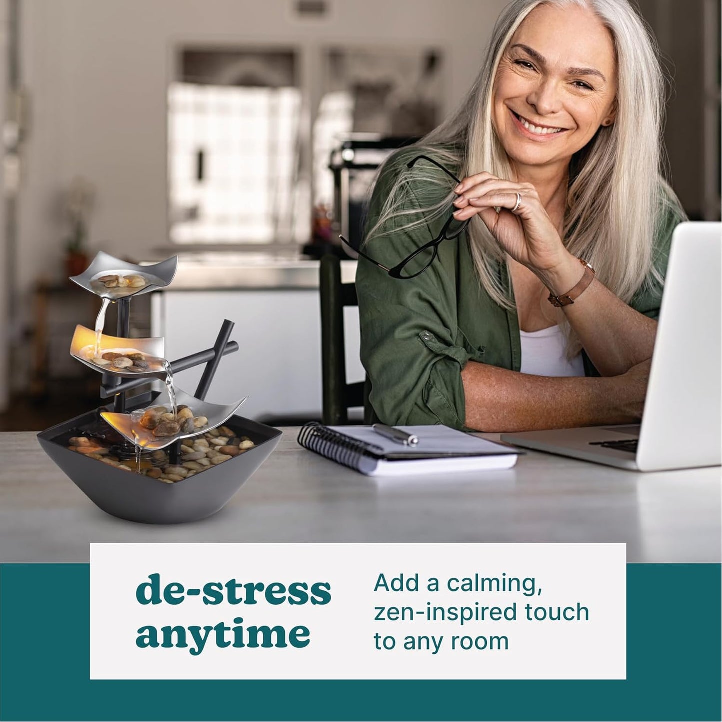 Homedics Tabletop Water Fountain, Home Décor Soothing Sound Machine - Automatic Pump, Deep Basin & Natural River Rocks. Indoor Zen Relaxation for Office, Living Room, or Bedroom, 8.25” Tall-VerdiqueGarden