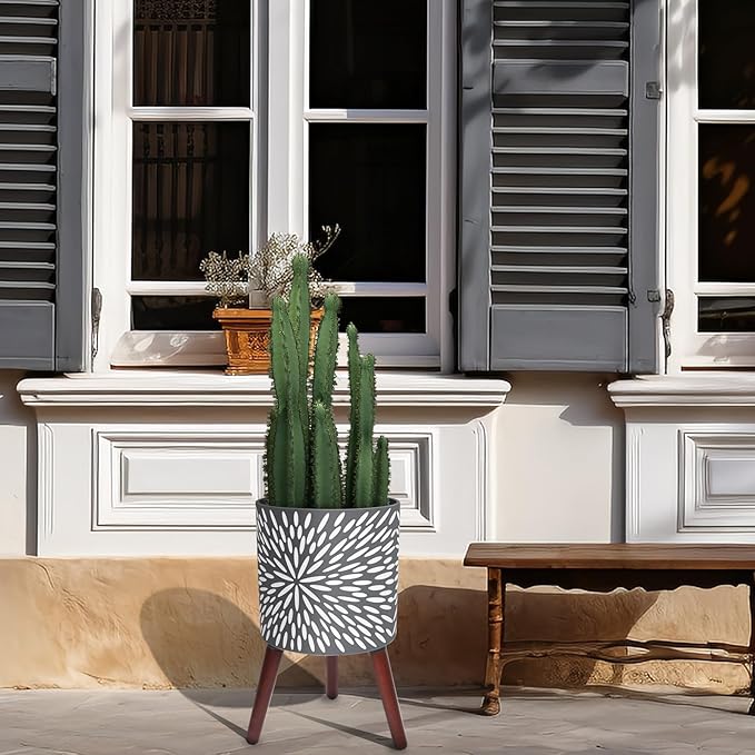 12 Inches Plant Pot with Stand, Large Modern Standing Planters for Indoor Plants with Drainage Holes, Gray Flower Pots with Legs-VerdiqueGarden