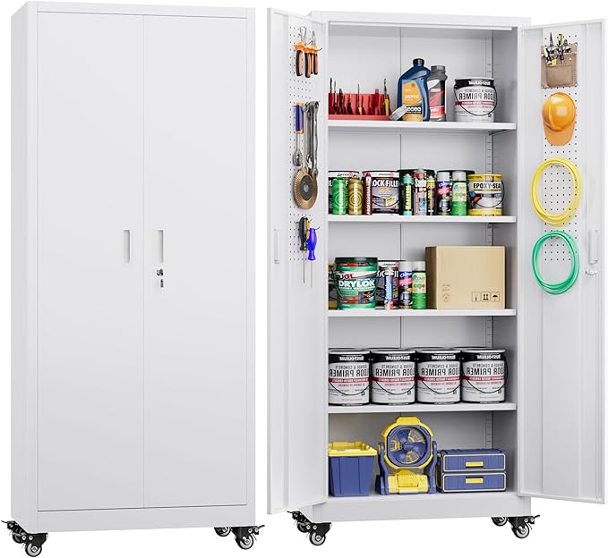73" H Metal Garage Storage Cabinet with Wheels & Pegboard,Rolling Tool Cabinet with 2 Doors and 4 Shelves for Garage,Home,Office,Warehouse,Workshop, Required-Assembly,White-VerdiqueGarden