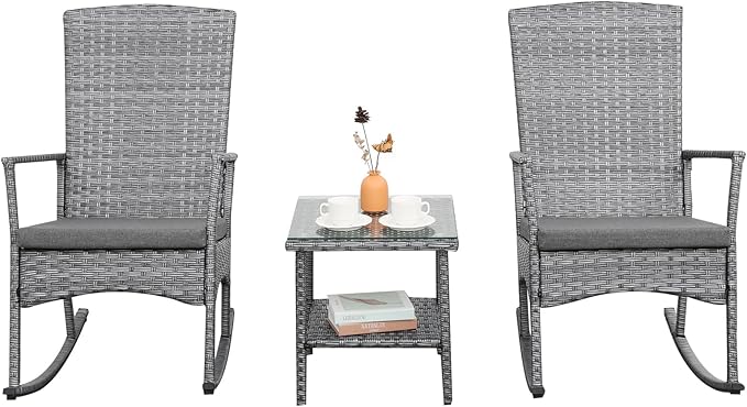 Outdoor Rocking Chair 3 Pieces High-Backed Rocking Chair Patio Rocking Chairs Outdoor Table and Chairs Anti-Slip Cushions Dark Grey-VerdiqueGarden