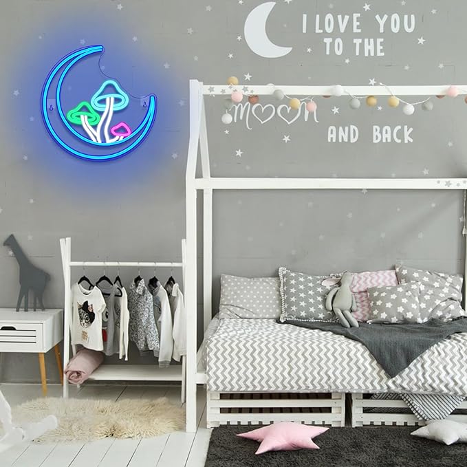 Moon Mushroom Neon Sign Blue Moon Neon Lights for Wall Decor Mushroom Light Up Signs USB LED Signs for Girls room Living Room Kids Room Home Bar Party Shop-VerdiqueGarden