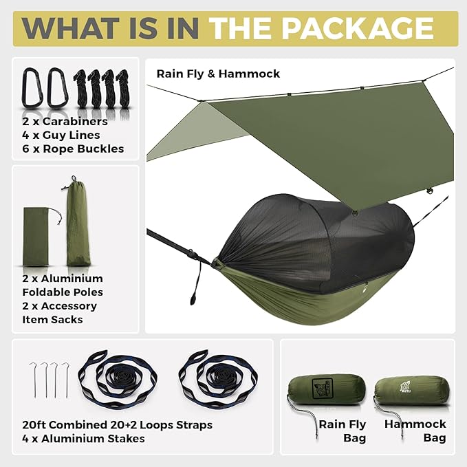 Miztli Camping Hammock -Portable Hammock w/Spacious Net & Tree Straps w/Adjustable Loops, Double and Single Hammock for Outdoor, Indoor, Hiking and Travel-VerdiqueGarden