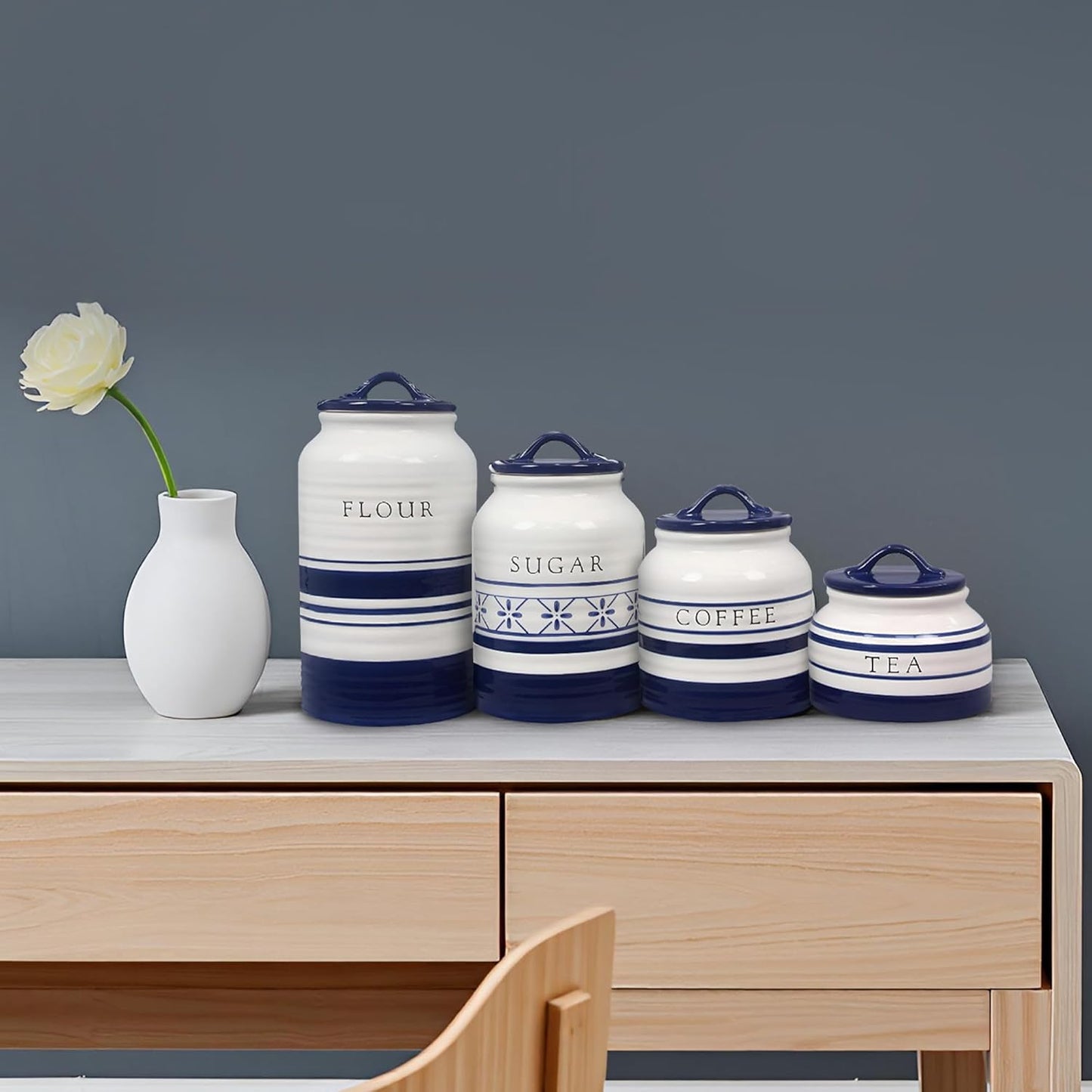 Young's Inc. 4 Pcs Set Casual Provincial Ceramic Canisters- Storage Container for Kitchen and Bathroom - Beautiful Home Decor Accent to Store Food, Coffee, Tea, and More - Green, White-VerdiqueGarden