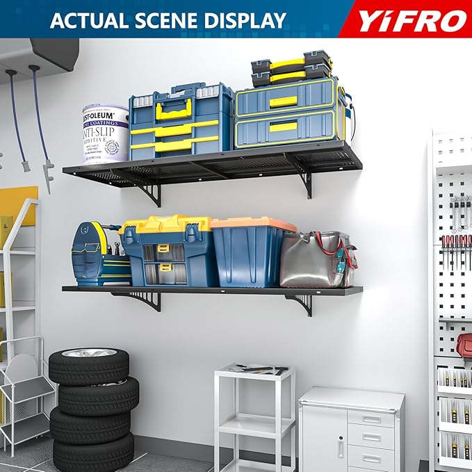 4-Pack 1.5x4ft Heavy Duty Garage Wall Shelving, 1000 lbs Load Capacity, Garage Shelving Wall Mounted, Garage Storage Rack with Hooks, Black-VerdiqueGarden