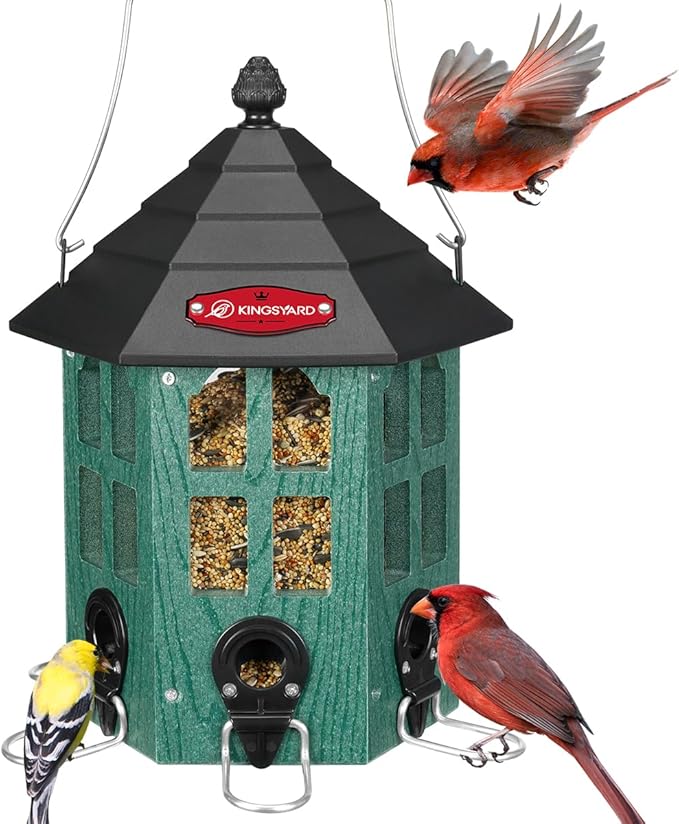 Kingsyard Wild Bird Feeder for Outdoor Hanging, Recycled Plastic Bird Feeders with 6 Ports & U-Shape Perch, Garden Yard Outside Decoration, 3.5 lbs Seed Capacity, Green-VerdiqueGarden