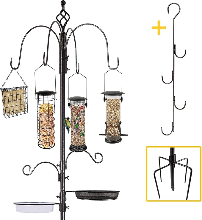 Bird Feeder Station with Suet Cage & Water Bowl Fruit Hook- Adjustable Pole, 6 Hanging Hooks for Wild Birds, Outdoor Garden Bird Feeding Kit-VerdiqueGarden