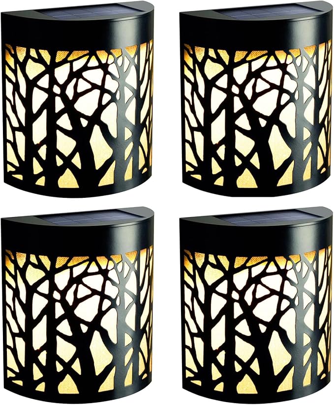 DenicMic Solar Wall Lights Outdoor Wall Sconce Fence Lighting for Patio Front Door Yard Deck Stair Led Forest Decorative Lamps, Waterproof, Warm White/Color Changing (4 Pack)-VerdiqueGarden