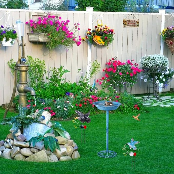 Bird Baths for Outdoors 25.5 Inch Height Outdoor Garden Bird Feeder Metal Birdbath with Dragonfly for Garden Yard and Lawn Decoration,Blue-VerdiqueGarden
