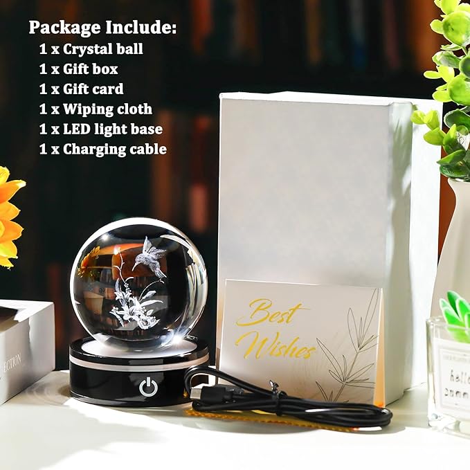 YWHL 3D Hummingbird Figurine Crystal Ball with Light Base, Hummingbird Gifts for Women Men on Christmas Birthday, 3D Laser Engraved Hummingbird Ornament Glass Decorative Ball for Home Office (80mm)-VerdiqueGarden