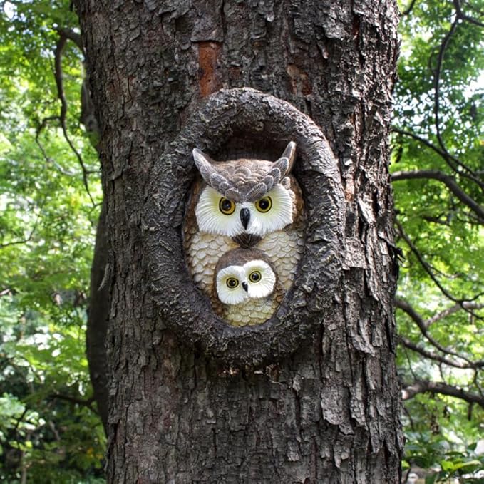 Owl Tree Hugger Whimsical Tree Sculpture Garden Statues Outdoor Tree Face Decor Garden Peeker Yard Art Decorations (Mom and Baby Owl)-VerdiqueGarden