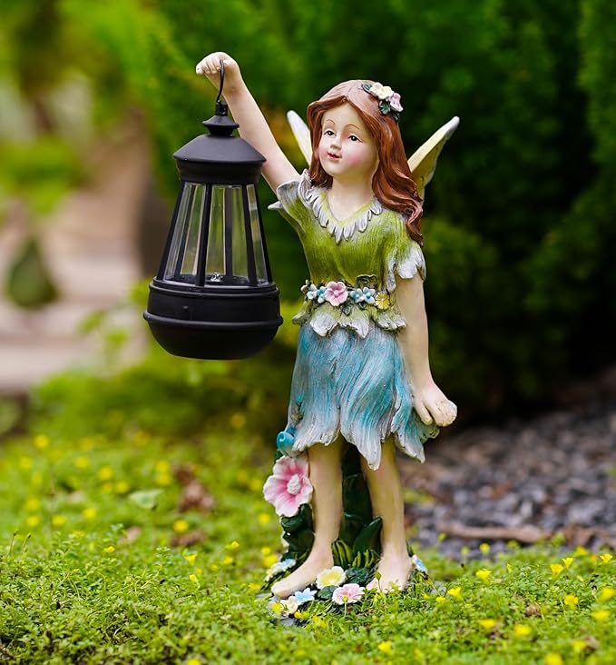 Fairy Garden Statue Solar Garden Fairy with Lantern Light Outdoor Garden Decoration Waterproof Solar Garden Sculpture for Patio Yard Lawn Gift for Mom Grandma-VerdiqueGarden