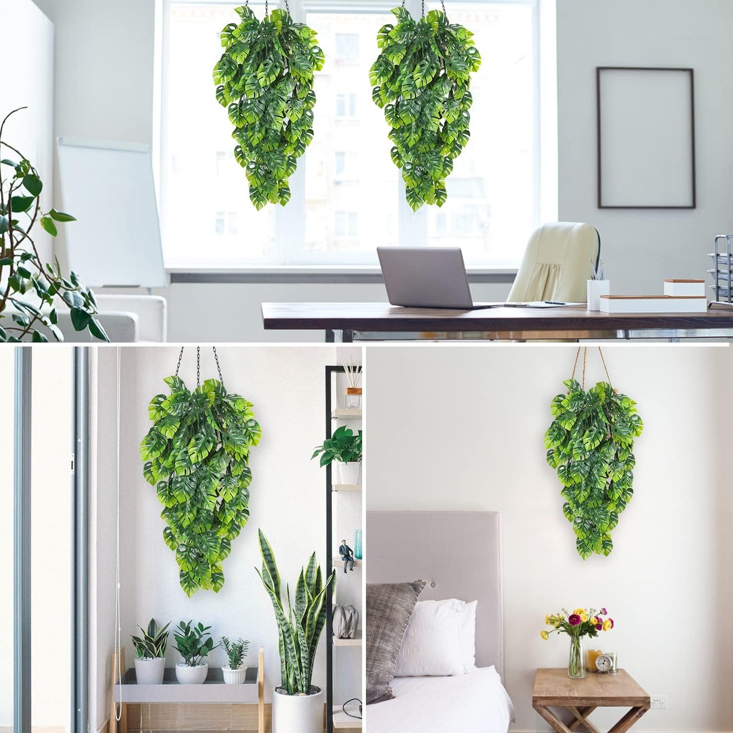 RECUTMS Artificial Hanging Plants 2 Pack, Fake Monstera Leaves Ivy Vine Faux Greenery UV Resistant Outdoor Tropical Palm Leaf Plant for Garden Home Jungle Hawaiian Luau Party Spring Summer Décor-VerdiqueGarden