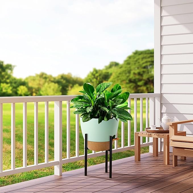 12 inch Large Self Watering Pots, Plastic Planters with 60oZ Removable Deep Reservoir and Multi Mesh Drainage Holes for Indoor Outdoor Garden Plants and Flowers, Green with Brown-VerdiqueGarden