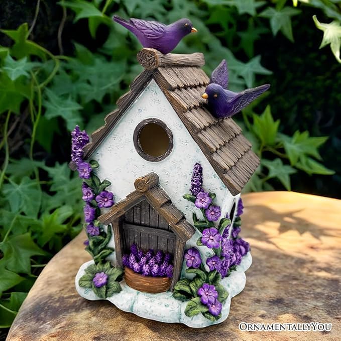 Spring & Summer-Themed Garden Statues – Adorable Outdoor Decor for Lawn, Patio & Porch (Lovely Floral Lavender Bird House Figurine, 7" Novelty Cottage Garden Decor)-VerdiqueGarden