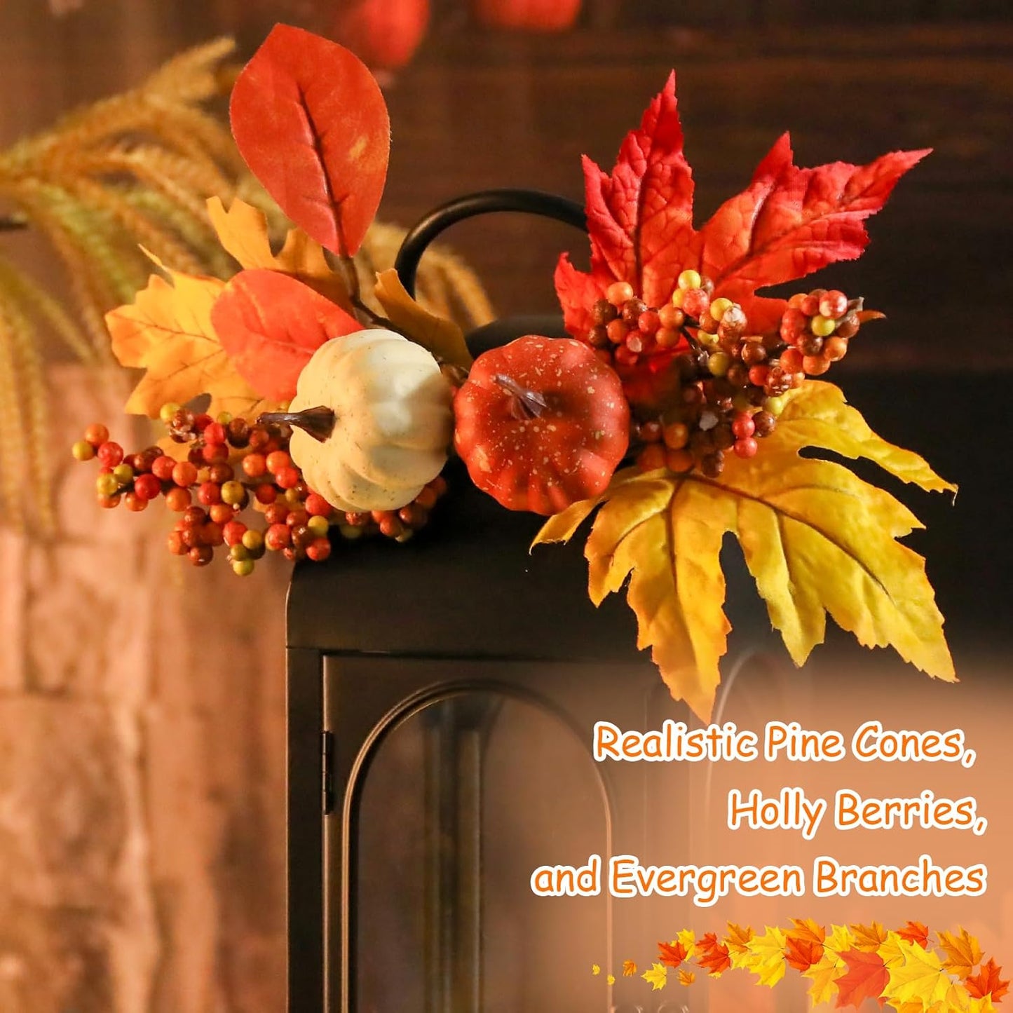 Bdor 2 Pack Fall Lanterns Decor with LED Candle – 16 Inch Harvest Pumpkin Maple Leaf Hanging Lantern for Autumn Thanksgiving Table Centerpiece Indoor Outdoor Decoration, Battery Operated-VerdiqueGarden