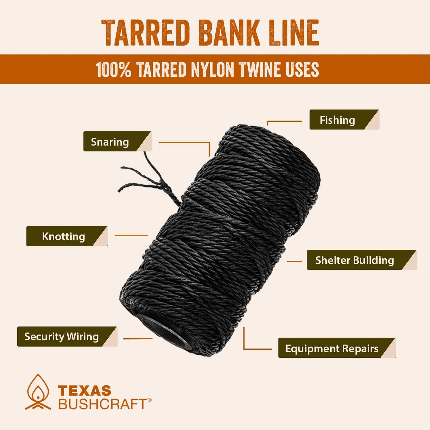 Texas Bushcraft Tarred Bank Line Twine - #36 Black Nylon String for Fishing, Camping and Outdoor Survival – Strong, Weather Resistant Bankline Cordage for Trotline-VerdiqueGarden