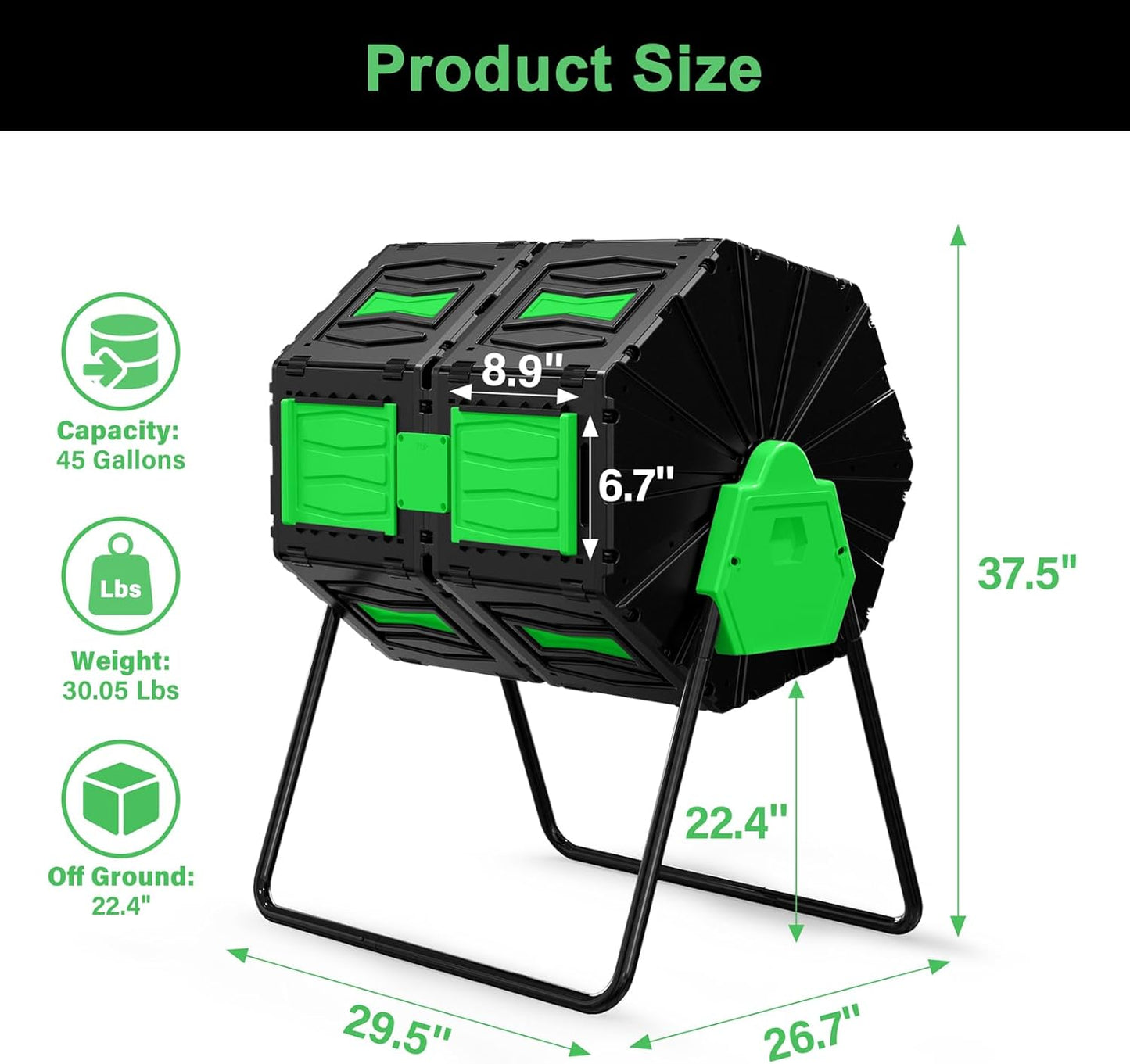 Compost Tumbler, Easy Assemble & Efficient Outdoor Compost Bin, 45 Gallon/170 Liter Large Dual Chamber Rotating Composter for Garden, Kitchen, and Yard Waste, Green Door-VerdiqueGarden