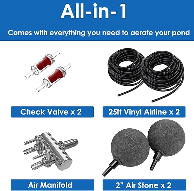 AquaMiracle Pond Aeration Kit Pond Air Pump Koi Pond Aerator for Pond up to 1500 Gallons Pond Deicer All-in-One Pond Aeration System with 2-Outlet Airline Tubing Air Stones Check Valves-VerdiqueGarden