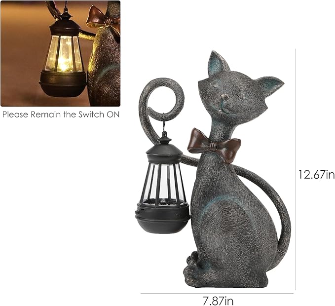 Whimsical Solar Cat Statue Decor with Solar Lantern - Unique Outdoor Spring Garden Decor for Patio, Balcony and Yard Art Lights - Ideal Mothers Day Birthday Gifts for Mom,Grandma,Women and Cat Lovers-VerdiqueGarden