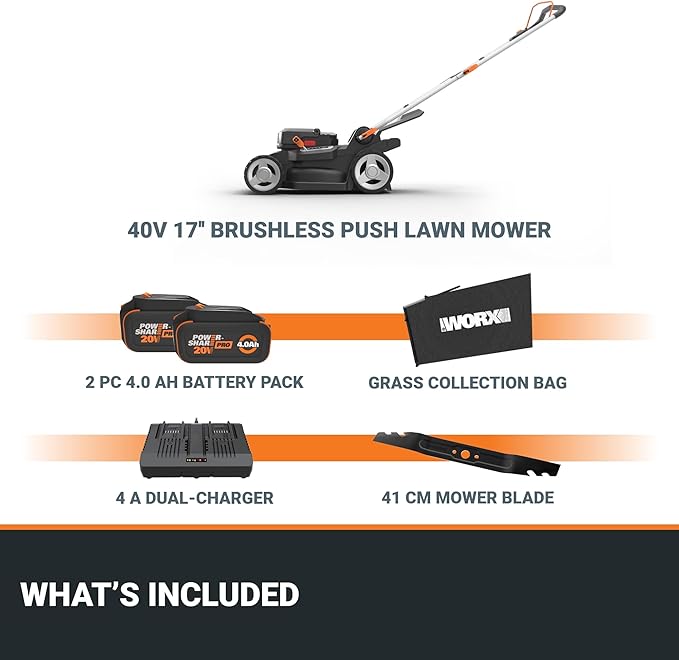 WORX 40V 17'' Cordless Lawn Mower for Medium Size Yards, 2-in-1 Electric Mower Cuts to Edge, Compact & Lightweight Push Lawn Mower with 6-Position Height Adjustment – 2 Batteries & Charger Included-VerdiqueGarden