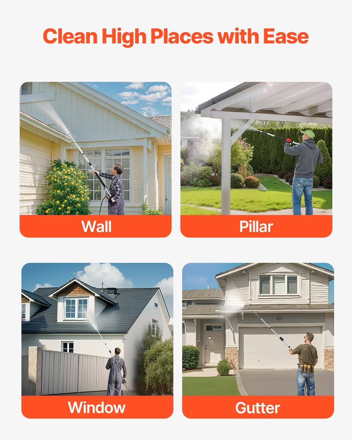 VEVOR Pressure Washer Telescoping Wand, 24 ft, 4000 psi, Telescopic Spray Wand with Power Washer Extension Wands, Gutter Cleaner, Pivoting Coupler, 7 Spray Nozzle Tips and Adjustable Support Harness-VerdiqueGarden