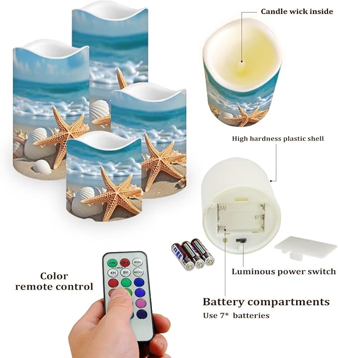 Ystardream Beach Starfish Flameless Candles with Remote Battery Operated Candles Realistic LED Candles with Remote and Timer Set of 4 for Valentines Home Wedding Birthday Decoration-VerdiqueGarden