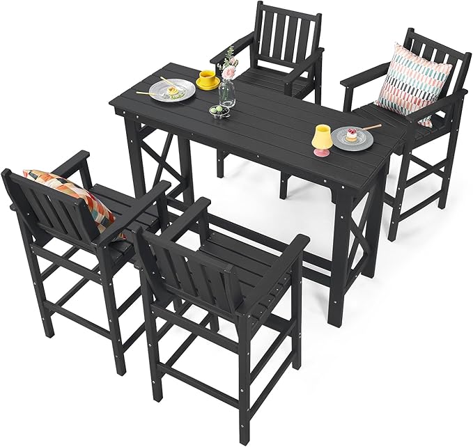 5-Piece HDPE Patio Bar Set, Rectangular Bar Height Table and 4 Adirondack Bar Chairs, All Weather Outdoor Bar Stools Set, Outdoor Bar Table and Chairs Set for Balcony, Pool, Porch, Obsidian-VerdiqueGarden