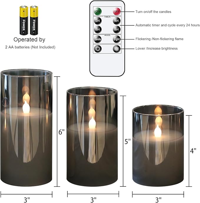 LED Flickering Candles with Remote Timer,Glass Flamless Pillar Candles Real Wax with 3D Wick Realistic,Warmth Decoration for Wedding Home Festival (Grey)-VerdiqueGarden