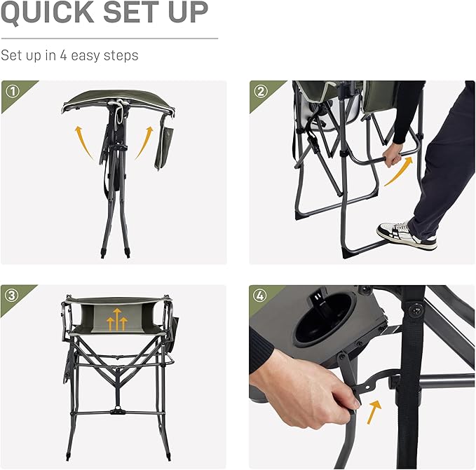 EVER ADVANCED Portable 30.7" Seat Height Tall Folding Camping Chair Directors Chair High Foldable Bar Stool with Side Table for Makeup Artist, Sports Event, Craft Show, Supports 350LBS Green Grey-VerdiqueGarden