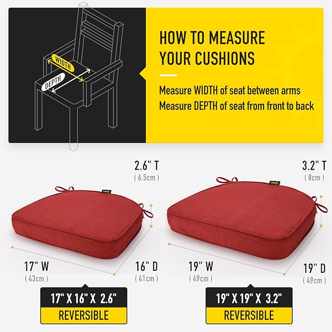 SUNROX Gel Memory Foam Chair Cushions, FadeShield Water-, Stain-Resistant Durable Reversible Seat Cushion Pads with Ties for Indoor/Outdoor Kitchen Dining Office, 19"x19", Set of 4, Burgundy-VerdiqueGarden