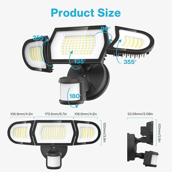Olafus 100W LED Security Light Motion Sensor Outdoor Light, Motion Flood Light Dusk to Dawn, 9000LM Super Bright 6500K Exterior Motion Detector Floodlight for Garage Yard Porch Eave IP65, Black-VerdiqueGarden