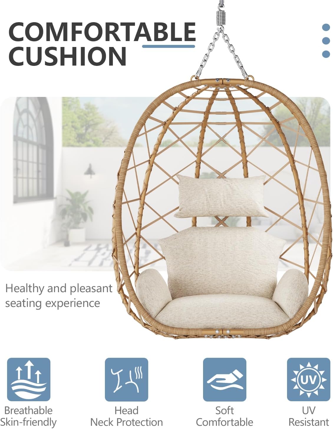 SWITTE Egg Swing Chair with Stand, Outdoor Patio Hanging Egg Chair, Indoor Hammock Chair with Cushion for Garden Backyard, 400LBS Capacity-Beige-VerdiqueGarden