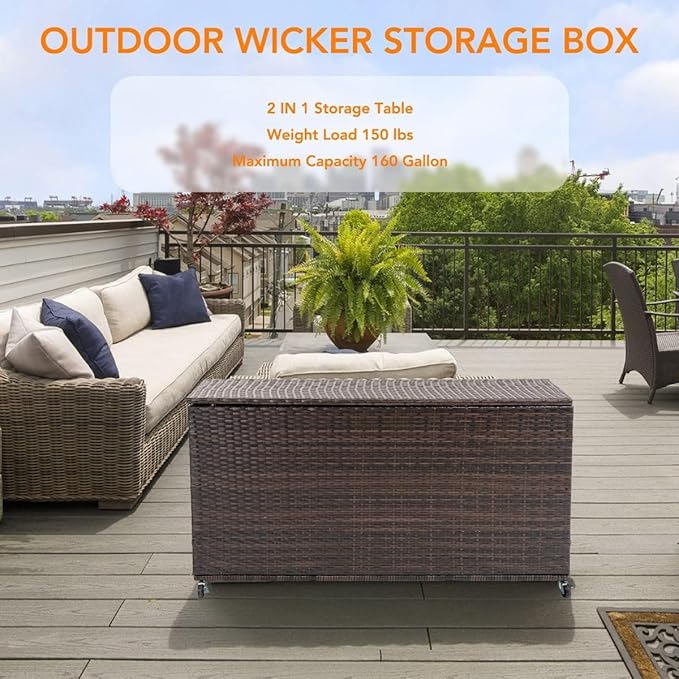 Outdoor 170 Gallon Water-Resistant Wicker Storage Box with Wheels, PE Rattan Deck Box with Waterproof Liner for Outside, Patio Storage Container with Hinged Lid, Horizontal Bin, Brown-VerdiqueGarden