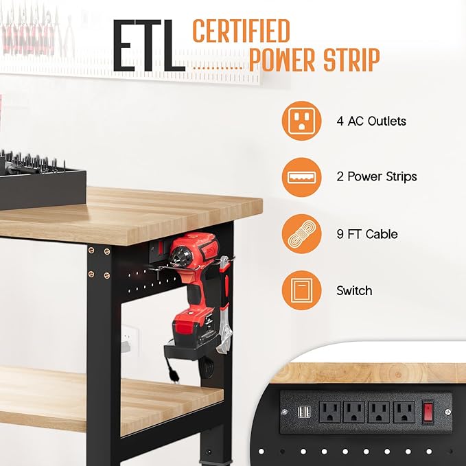 Albott 84" Adjustable 2-Tier Workbench with Solid Wood Top, Max 2000lbs Capacity, Built-in Power Strip with 4 AC Outlets & 2 USB Ports, Pegboard & 20 Hooks, Shop Garage Office-VerdiqueGarden