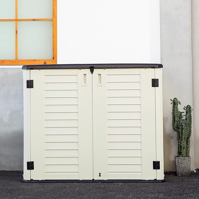 Outdoor Patio Storage Shed,Waterproof Horizontal Outdoor Storage Cabinet for Garbage Cans,Tools and Lawnmower Lockable(34 Cu.ft-Warm-White)-VerdiqueGarden