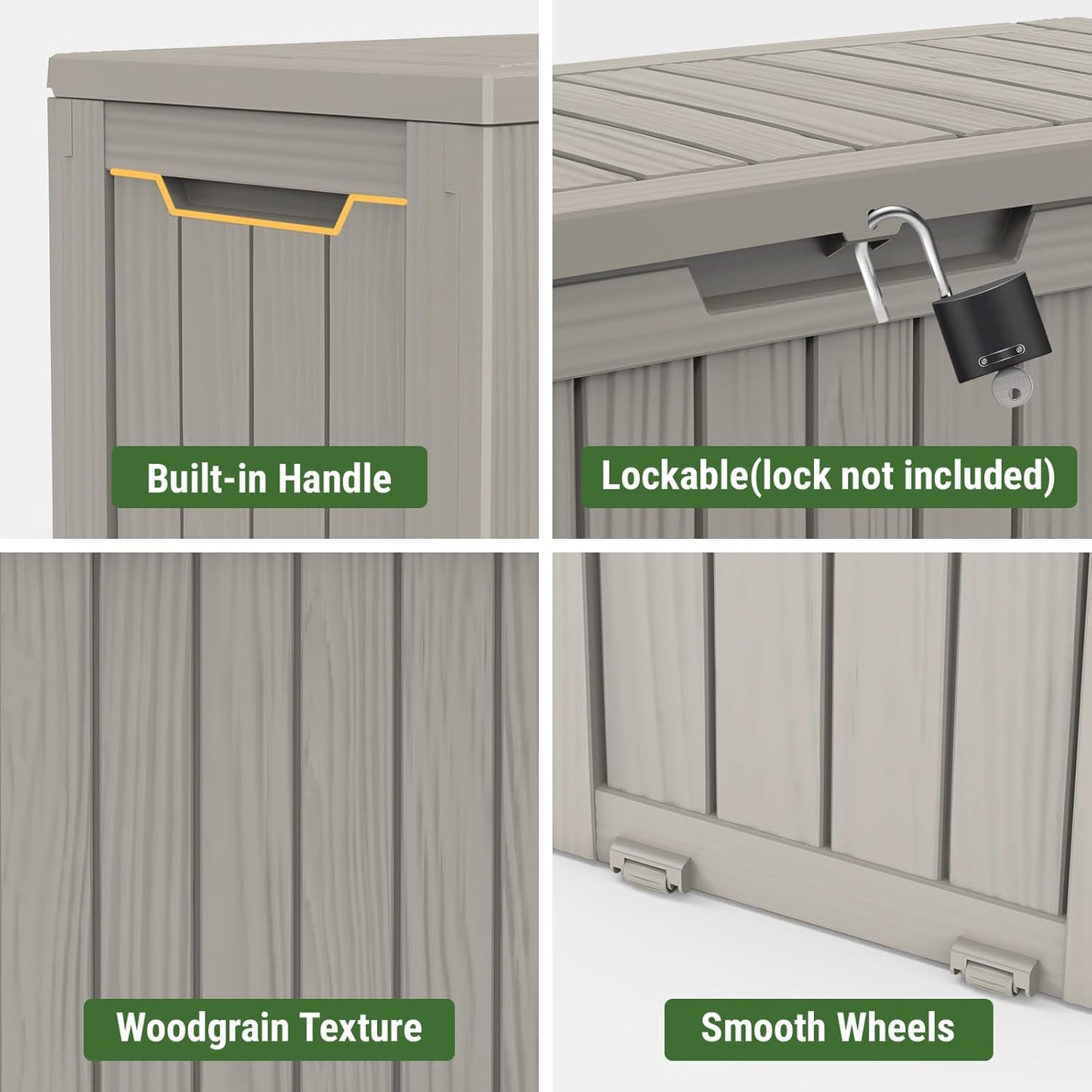 Mars Villa 72 Gallon Deck Box, Outdoor Storage Box Waterproof, Outside Resin Storage Bin for Patio Furniture Cushions, Pool Supplies, Garden Tools, UV-Resistant and Weatherproof, with 4 Wheels, Greige-VerdiqueGarden