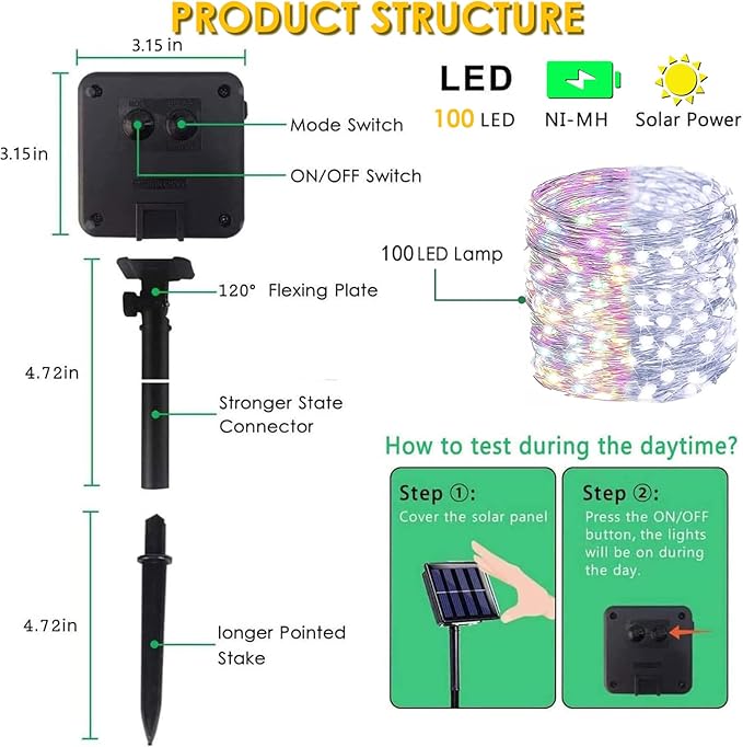 (Cool White ⇋ Multicolor) Solar Christmas String Lights Outdoor, 2-Pack 80FT 200 LED Waterproof Silver Wire, Solar Twinkle Lights with 8 Modes Solar Fairy Light for Tree Garden Wedding Christmas Decor-VerdiqueGarden