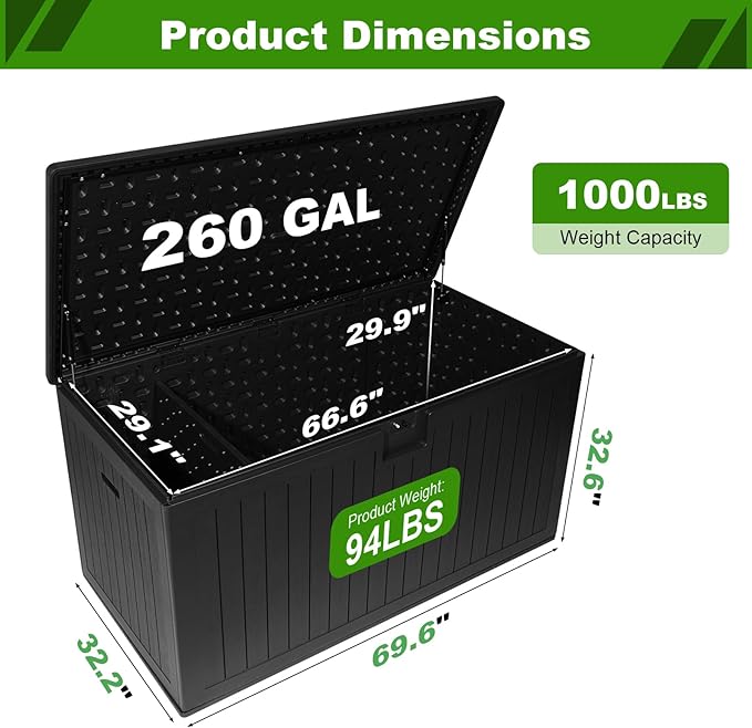 260 Gallon Outdoor Storage Box Waterproof, Extra Large Plastic Outside Deck Box Weatherproof, Resin Patio Storage Bin with Lock and Lids for Pool Equipment and Cushion, Black-VerdiqueGarden