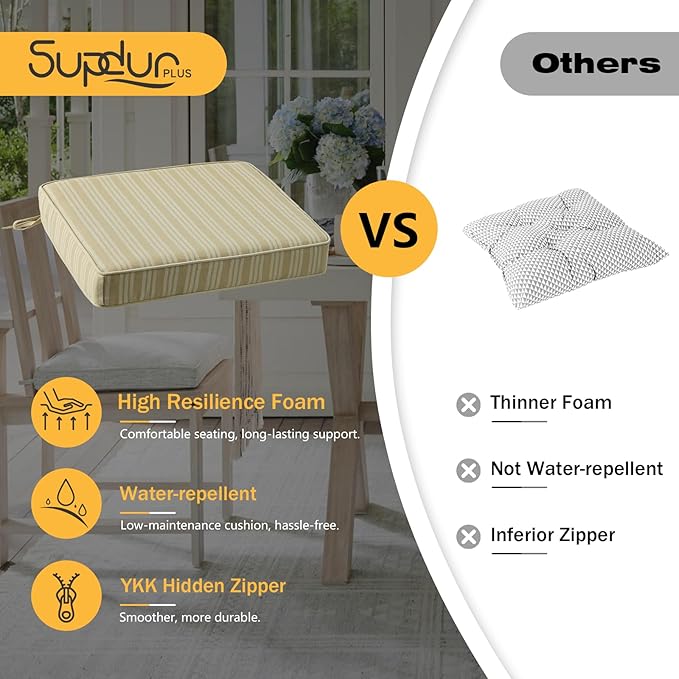 Outdoor Square Corner Seat Cushion, 19"x19"x3", Set of 4, Non Slip Seat Cushion Pads with Removable Cover for Patio Furniture, Garden Yard Lawn, Beige Brown Stripe-VerdiqueGarden