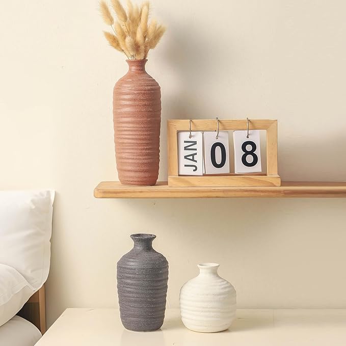 Ceramic Vase Set of 3 Neutral Decorative Vase for Farmhouse, Boho, or Rustic Home Decor Pottery Vases for Pampas Grass Living Room Bedroom Table Mantel Entryway Shelf (01-Brown)-VerdiqueGarden