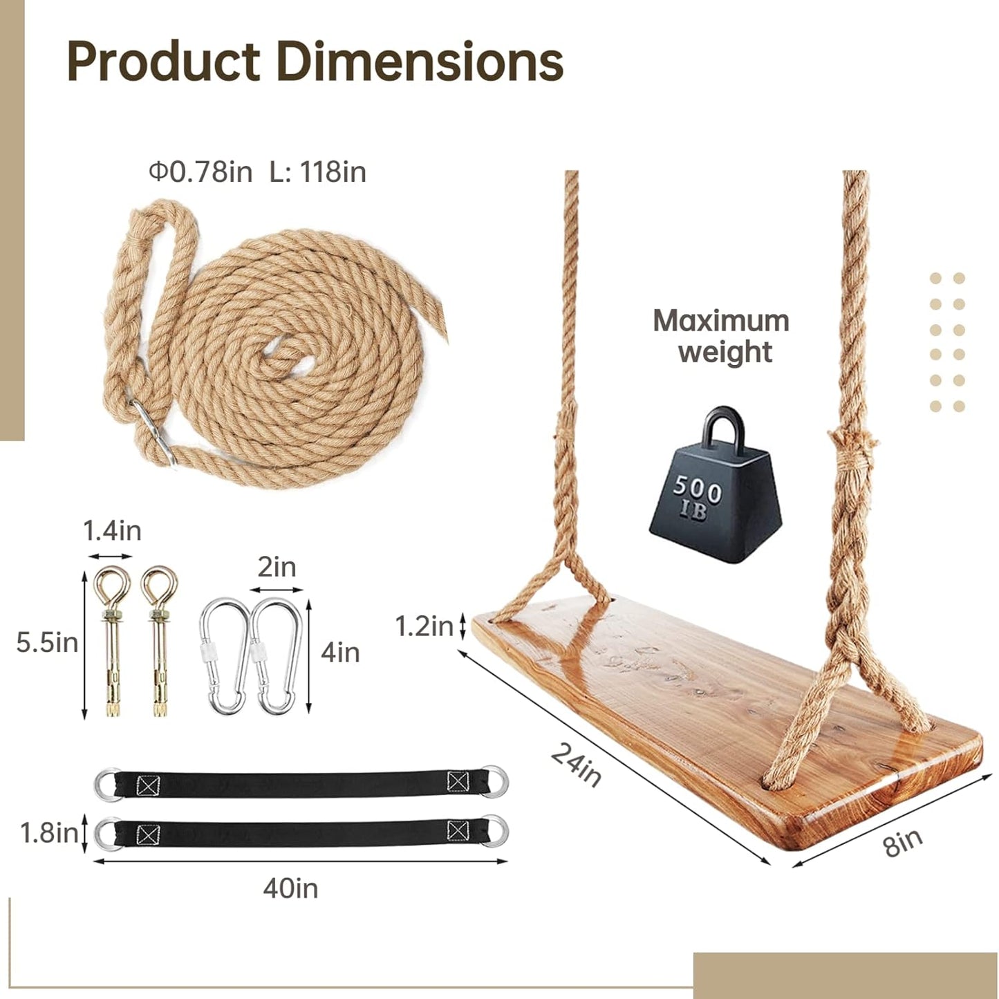 Wooden Tree Swing,500lbs Load Capacity Wooden Swing for Adults & Kids,Adjustable Height,Waterproof Hanging Swing Seat for Indoor,Outdoor,Backyard,Garden,Playground (Adult)-VerdiqueGarden